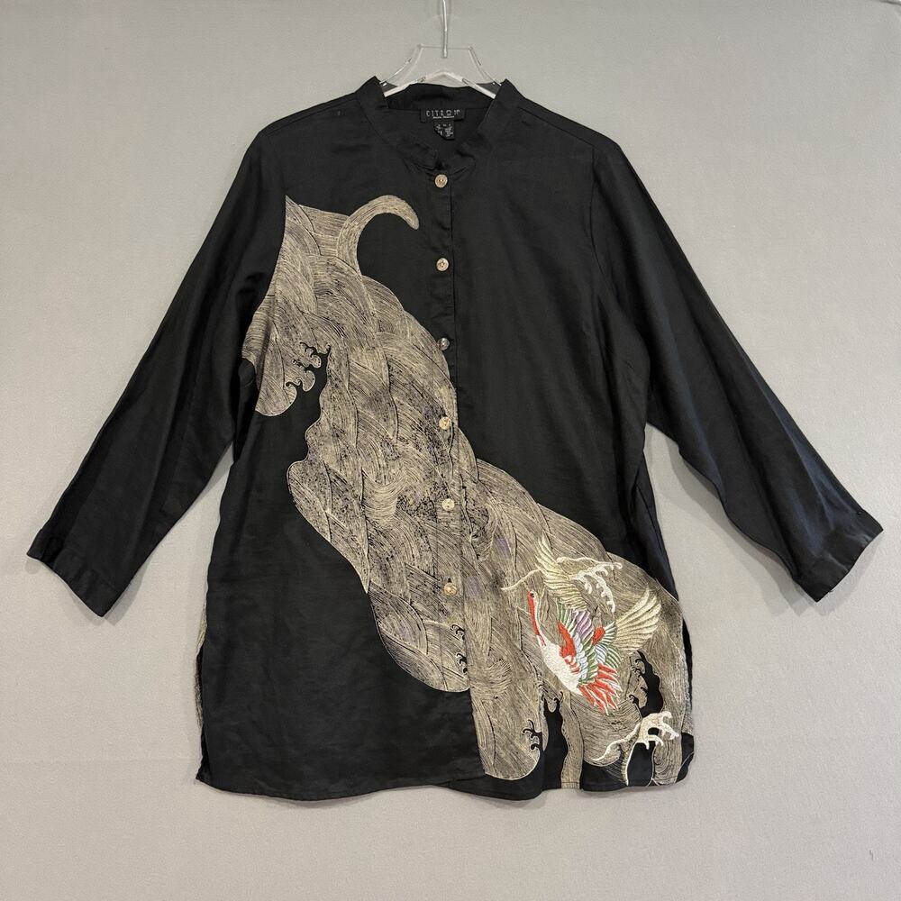 Citron Santa Monica 100% Linen Shirt Blouse Top Size 1X Black Embroidered